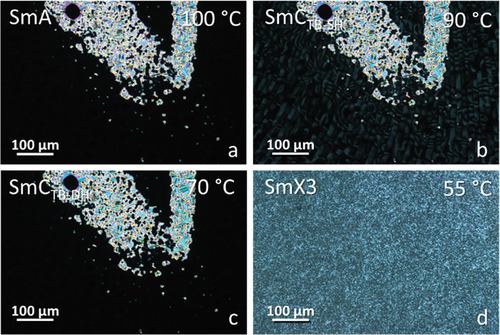 Figure 4. (Colour online) POM textures obtained for CB4O.14 in (a) smectic A, (b) smectic CTB-SH, (c) smectic CTB-DH and (d) smectic X3 phases in untreated slides.