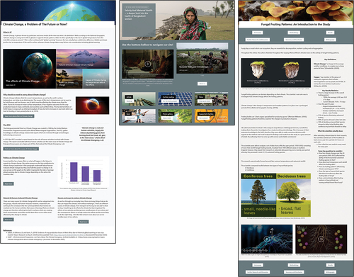 Figure 2. SharePoint homepage – students were allocated three separate topics related to climate change. Shown are examples of three homepages relating to (a) crop yield, (b) drinking water salinity and (c) fungal growth. This illustrates that there were design similarities between the modern pages including the use of images, videos and quizzes, despite the different topics.