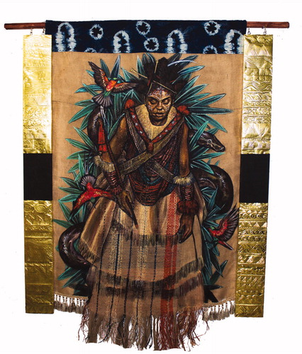 Figure 1. Ruth Ayuso as Nnimm Woman Descending, 2018. Acrylic, brass, and natural dyes and pigments on wood and hand-woven cloth. 72 inches × 72 inches. A depiction of Boston high school student Ruth Ayuso as the founder of Nnimm women’s society of the Ejagham people (Southeast Nigeria).