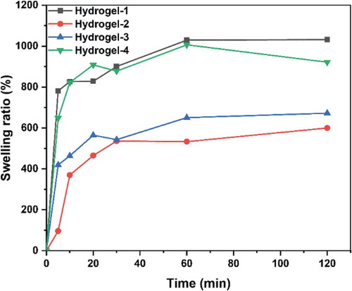 Figure 9. Swelling ratios of PVA/SA/AgNPs nanocomposite hydrogels. The hydrogels exhibited excellent swelling behavior. The hydrogel-1 and Hydrogels-4 had an equilibrium swelling ratio of about 900%, while hydrogel-2 and hydrogel-3 had a ratio of 500%. However, all these hydrogels could reach equilibrium in 20 min