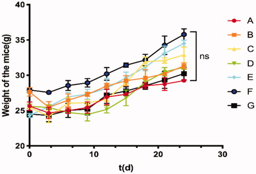 Figure 6. Toxic side effects of TC-E-500 on IRC mice. (A) 30 µL of either saline (subcutaneous injection). (B) 30 µL Ethyl oleate (subcutaneous injection). (C–E) TC-E-5003 (0.5 mg, 1.0 mg, 2.0 mg) and Ethyl oleate (subcutaneous injection); (F-G) TC-E-5003 (1.0 mg, 2.0 mg) and Ethyl oleate (subcutaneous injection).