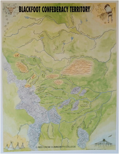 Figure 2. Blackfoot Confederacy Territory – depicting the part of North America now designated as Alberta, Saskatchewan, and Montana, where this knowledge was shared, or transferred. (Print of original artwork by Api’soomaahka [Running Coyote] William Singer III which he painted for Red Crow Community College 1993. Used with permission by the artist.).