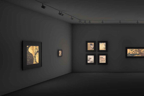 Fig. 9. Concept 4—Black box: Display of artworks with projection spotlights that only illuminate the picture surface via their crisp beam contours. The pictures seem to illuminate from within because both the picture frames and the room lie in darkness. Rendering: Axel Groß. © ERCO GmbH.