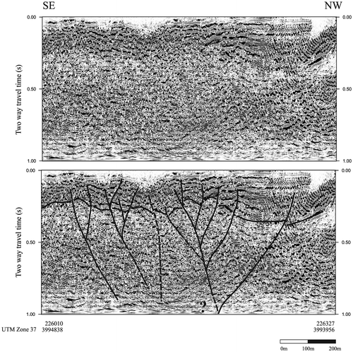 Figure 8. Seismic reflection profile (A) on the Çöğürlü Fault and its interpretation (B). See the text for explanations. The vertical exaggeration is ~2.3x. For the location for the seismic profile, see Figure 6.