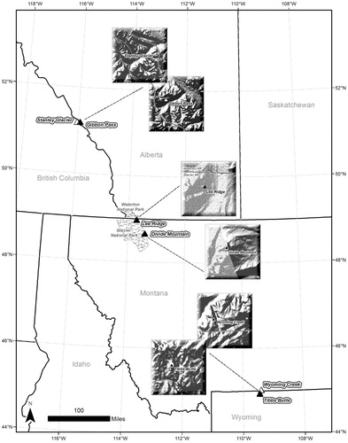 FIGURE 1. Map of study sites sampled within study areas designated “northern,” which includes Banff and Kootenay National Parks; “Rocky Mountain Front,” which includes Glacier National Park and the Blackfeet Indian Reservation, previously sampled by Resler and Tomback (Citation2008); and, “southern,” which comprises the Beartooth Plateau.