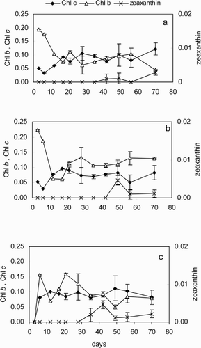 Fig. 3. Concentrations of accessory pigments relative to Chl a (both in μg cm− 2) in the biofilms at the three locations studied. (a) OK east; (b) OK west; (c) NK. Error bars represent standard deviations. Error bars as in Fig. 2.