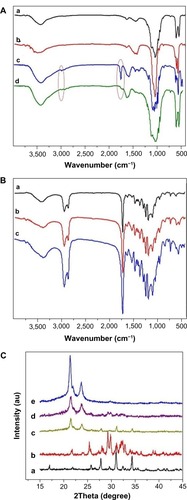 Figure 3 (A) FT-IR spectra for pure TTCP (a); β-TCP (b); g-TTCP (c); and g-β-TCP (d). (B) FT-IR spectrum for PECE (a); g-TTCP/PECE (b); and g-β-TCP/PECE (c). (C) X-ray diffraction patterns for g-β-TCP (a); g-TTCP (b); g-β-TCP/PECE (c); g-TTCP/PECE (d); and PECE (e).Abbreviations: β-TCP, tricalcium phosphate; FT-IR, Fourier transform infrared; TTCP, tetracalcium phosphate; PEG, poly(ethylene glycol); PCL, poly(ε-caprolactone); PECE, PEG-PCL-PEG; g-β-TCP, poly(l-lactic acid)-grafted β-TCP; g-TTCP, poly(l-lactic acid)-grafted TTCP.