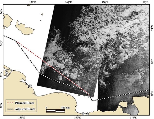 Figure 7. A case demonstrates that the COSCO cargo vessel TianHui adjusted her shipping route with short notice to avoid possible threats of sea ice based on SAR observations on 29 July 2021.