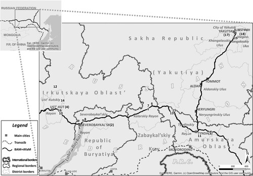 Map 1. Location of the study area, including the ten districts where the majority of the questionnaire respondents live, and the research sites (numbered): 1) Novaia Chara, 2) Severobaykal’sk, 3) Tynda, 4) Ust’-Kut, 5) Baikalskoe, 6) Chapo-Ologo, 7) Chara, 8) Kholodnoe, 9) Nizhneangarsk, 10) Niya, 11) Pervomayskoe, 12) Tokma, 13) Ust’-Nyukzha, 14) Verkhnemarkovo, 15) Yuktali, 16) Zvezdniy, 17) Yakutsk, 18) Nizhniy Bestyakh, 19) Pavlovsk. Source: authors.