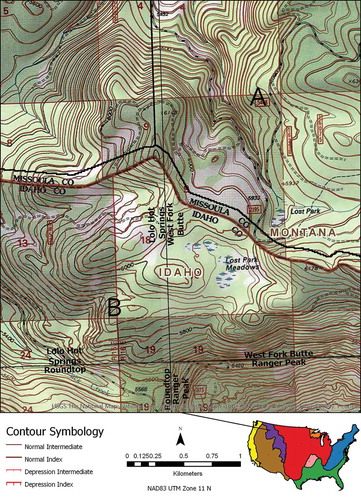 Figure 4. Comparison of US Topo contours at the intersection of four quadrangles in the Rocky Mountain System. Background imagery is the legacy 7.5’ topography (legacy contours are gray). Source data for the southern quadrangles are lidar-derived DEMs, while the northern quadrangles (north of bold black line) were produced from 10 meter DEMs derived from digitized legacy contours.