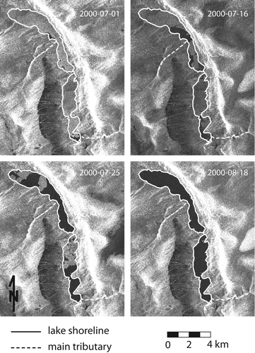 FIGURE 3 Sequence of RADARSAT-1 SAR image sub-scenes showing an increase in the percentage of open water (dark, textureless tone) on Upper and Lower Murray Lakes during the year 2000 melt season. The original RADARSAT-1 data (©Canadian Space Agency—CSA) were provided by the Alaska Satellite Facility (ASF).