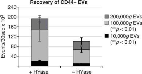 Fig. 7.  Cumulative yield of CD44+ EVs in all ultracentrifugation steps (sum of event rates for 10,000g EVs+100,000g EVs+200,000g EVs present in gradient fractions F2–F7) in HYase-treated and non-treated samples. Bars represent mean (n=2); error bars represent minimum and maximum observed values. The p-values indicate significant higher recovery of CD44+ EVs in HYase-treated samples in the 10,000g and 100,000g centrifugation step.