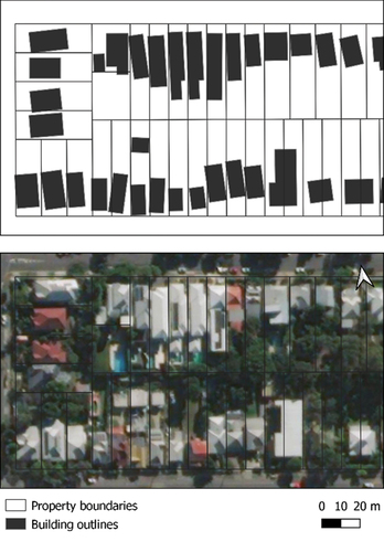 Figure 9. Character residential zone located five kilometers from Brisbane’s city center. New build houses can be seen to the north covering the entire parcel, and older houses to the south, covering 30–50% of the parcel.