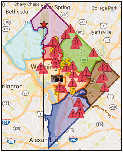 Figure 10. Map of Washington, D.C. Wards. Note. Map of Washington, D.C., wards, with an overlay of all locations of the 2008 and 2013 school closures. Yellow dollar symbols represent the areas of gentrification.