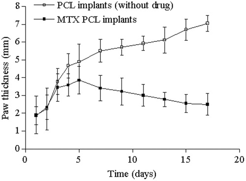 Figure 9. Values of the paw thickness (mm) of mice of the treated group (receiving MTX PCL implants), and untreated group. Results represent mean ± standard deviation (n = 6 for each group).