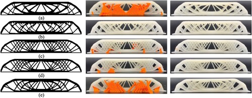 Figure 14. Topology optimised designs considering additive printing requirements printed with support structures (orange printed material), and post-manufacturing removing the support structures from the optimised designs obtained using (a) traditional compliance topology optimisation, (b) overhang constraint, and interactive infill enforced using (c) γ=0.3, (d) γ=0.5, and (e) γ=0.7.