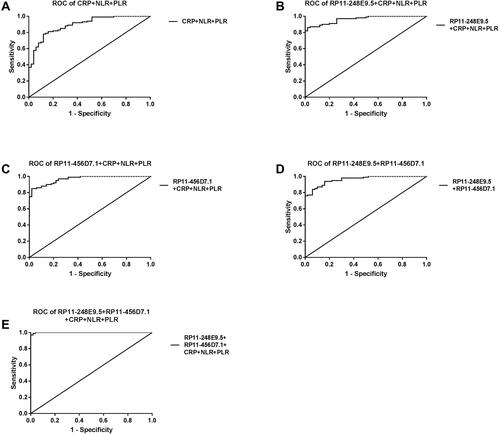 Figure 3 The receiver operating characteristic (ROC) curves of RP11-248E9.5 and RP11-456D7.1 combined with CRP, NLR, and PLR in the diagnosis of CP. (A) CRP+NLR+PLR. (B) RP11-248E9.5+CRP+NLR+PLR. (C) RP11-456D7.1+CRP+NLR+PLR. (D) RP11-248E9.5+RP11-456D7.1. (E) RP11-248E9.5+ RP11-456D7.1+CRP+NLR+PLR.