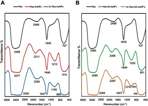 Figure 9 Infrared spectrum of: (A) Res-AuNPs; 3× Re-AuNPs and (B) Res-GA-AuNPs; 3× Res-GA-AuNPs.Abbreviations: Res, resveratrol; AuNPs, gold nanoparticles; GA, gum arabic.