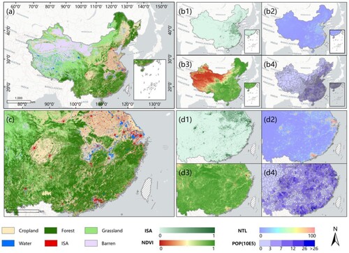 Figure 1. Study area and datasets (a) the spatial distribution of land use/cover in China, (b1) the spatial distribution of impervious surfaces area, (b2) the spatial distribution of the nighttime light data, (b3) the spatial distribution of NDVI, and (b4) the county-level population statistics in China. (c) a zoomed-in map of the southeast region for (a), and (d1–d4) zoomed-in maps of the southeast region for (b1–b4).
