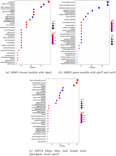 Figure 10. Biological pathways identified using genes from WGCNA modules with virulent genes for two isolates (a) 102651, and (b) 102712. The x-axis represents the gene ratio and the y-axis represents the identified biological pathways. The color and size of the plots represent the FDR and the count of genes in those biological pathways, respectively.