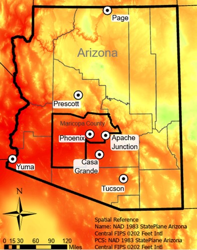Figure 2. Selected urban areas with high population density and high heat exposure, Arizona (CHELSA).