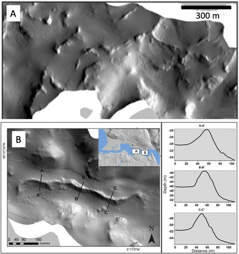 Figure 16. Submarine landforms in the outer basin of Loch Etive. (A) ‘Irregular hummocky terrain’ or possible crevasse-fill ridge network. (B) Sinuous esker ridge, showing three transverse profiles. Inset: location of panels (A) and (B) (i.e. overlapping the eastern edge of Figure 15C). Modified from Audsley et al. (Citation2016).