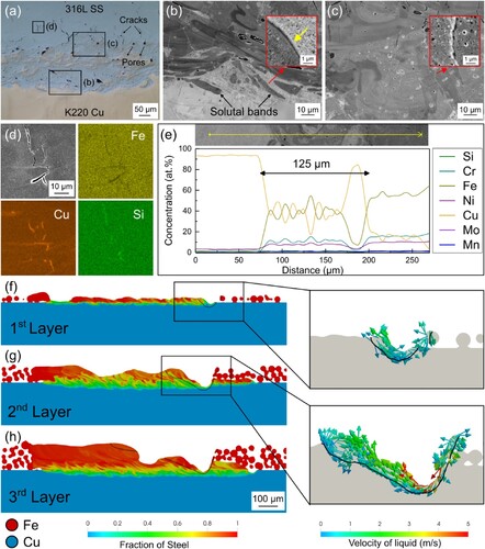 Figure 2. 316L SS over K220 Cu (Fe/Cu) interface. (a) OM image of the Fe/Cu interface. Enlarged SEM image of the (b) top and the (c) bottom of the Fe/Cu interface’s transition zone. (d) EDX mapping of a representative crack within the 316L SS region. (e) EDX line scan across the transition zone. CFD simulations for the (f) first layer, (g) second layer, and (h) third layer LPBF production of 316L SS on K220 Cu. The insets are the fluid flow velocities within the respective melt pools during laser melting.