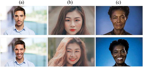 Figure 1. Example stock pictures: (a) White young male, (b) Asian young female, and (c) Black mature female, not smiling (top row) and smiling (bottom row)