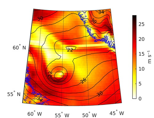 Fig. 7. Geopotential height (contour lines) and wind speed (colour shading) at 950 hPa on 8 March 2019 at 06:00 UTC from ERA5. The contour lines are drawn every 4 dam and the wind speed is in m s−1. The geopotential height and wind fields show a PL over the Labrador Sea.