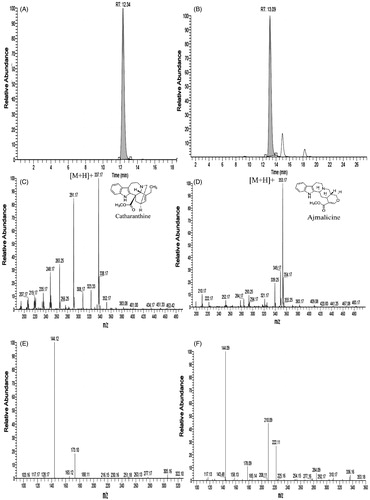 Figure 6. LCMS/MS of the alkaloids of methanolic extract of Catharanthus roseus roots. (A and B) Single ion chromatogram (SIC) of catharanthine [M + H]+parent ion (m/z = 143.50–144.50 + 172.50–173.50) and ajmalicine [M + H]+parent ion (m/z = 143.50–144.50 + 177.50–178.50 + 209.50–210.50 + 221.50–222.50), respectively. (C and D) MS spectrum of catharanthine and ajmalicine, respectively. (E and F) MS2 spectrum of catharanthine and ajmalicine, respectively.