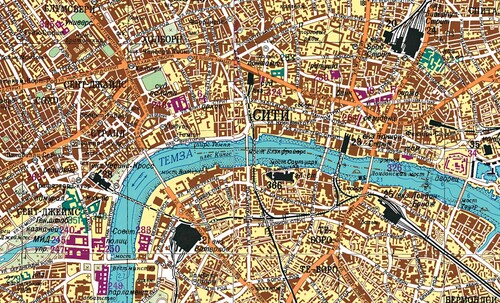 Figure 2. Extract from the central intersection of the four-sheet Soviet military 1:25,000 city plan of London (private collection), which was printed in Sverdlovsk (Ekaterinburg) in 1985. The plan identifies 374 strategic objects across the city that are classified, numbered and colour-coded according to their function, i.e. military-industrial objects (in black), administrative and governmental buildings (in purple), and military or communications facilities (in green). Notable examples in this extract include the Ministry of Defence (green, 246), the Houses of Parliament (purple, 249), and Waterloo and Liverpool Street railway stations (black, 21 and 24).