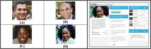 Figure 4. Artificial male picture [A], Real male picture [B], Artificial female picture [C], and Real female picture [D]. Among the male/female personas, all other content in the persona profile was the same except the picture that alternated between Artificial and Real. Pictures of the full persona profiles are provided in Supplementary Material.