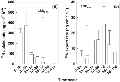 Figure 4 (a) Uptake and (b) export rate of foliar applied urea isotope nitrogen-15 (15N), by leaves of tea (Camellia sinensis L.) plants calculated at sampling intervals [means ± standard deviation (SD), solution experiment]. Bars of least significant difference (LSD) value indicate significant difference at p < 0.05.