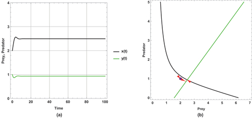 Figure 2. Prey predator dynamics of the system (1) when (m=1.0): (a) time series (b) nullclines and phase portrait trajectories. Other parametric and initial values are: r=1, k=6, α=0.8, u=0.5, e=0.4, x(0)=2, y(0)=1.