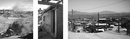 Figure 8. Examples of microscale sources in the AQINO field study: (left) Neighborhood trash burning, (middle) Loose dirt at a home entrance, with a pet dog, (right) Unpaved roads. This photo also depicts the elevation difference for homes in the region.