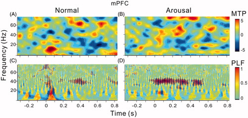 Figure 6. Spectral-temporal function of MTP and PLF in mPFC. The same format as Figure 3.