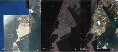 Figure 5. The gradual change in the land cover of the Tuas industrial area (a) 2006, (b) 2008, (c) 2010 (Google Earth, Citation2015). Also, the activity of dredging through which land is added can be seen over time.