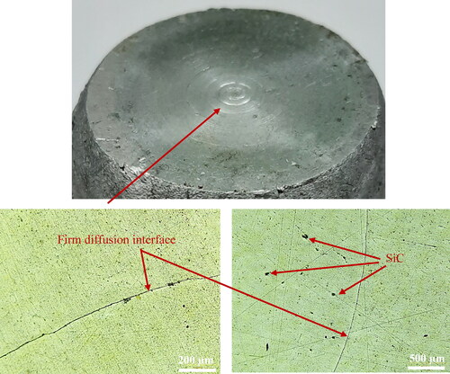 Figure 13. Macrograph and Optical microscope images showing the firm diffusion interface of core and casing of S10 specimen.