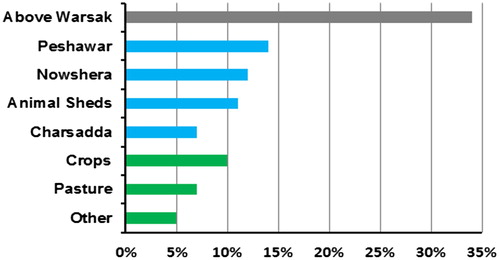 Figure 4. The share of E. coli sources from upstream and downstream areas of Kabul River basin in the E. coli load. The blue color shows the E. coli concentrations from point sources including animal sheds and human settlements. The green color shows the E. coli concentrations from non-point sources and the gray area represents the load from above Warsak (upstream settlements that contribute point and non-point sources).