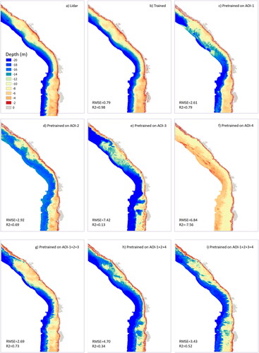 Figure 11. LiDAR bathymetric depths (a) and SDB results in AOI-5 using different CNN models: trained (b); pre-trained on AOI-1 (c); pre-trained on AOI-2 (d); pre-trained on AOI-3 (e); pre-trained on AOI-4 (f); pre-trained on the combined AOI-1, AOI-2, and AOI-3 (g); pre-trained on the combined AOI-1, AOI-2, and AOI-4 (h); pre-trained on the combined AOI-1, AOI-2, AOI-3, and AOI-4 (i).