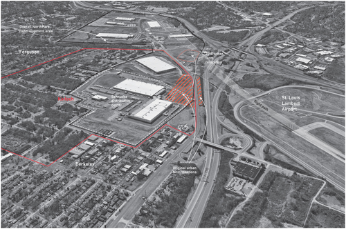 Figure 4. Aerial view looking south showing remaining residential streets in Kinloch and Berkeley next to the massive grocery distribution warehouses that were built over a large section of the neighborhood. Additional (Phase I) NorthPark warehouses are visible in the distance. The airport is to the right across the highway. Image from Google Earth; annotations by author, 2023.