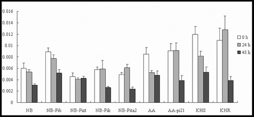 Figure 6. Expression pattern of OsRAR1 in the studied rice lines at 0 h, 24 h and 48 h p.i. with M. oryzae spores.