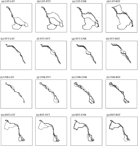 Figure 8. Examples of groups of 40 least-cost paths in Experiment 3. One group is taken from each of the 16 samples (from (a) LST-LST to (p) RST-RST).