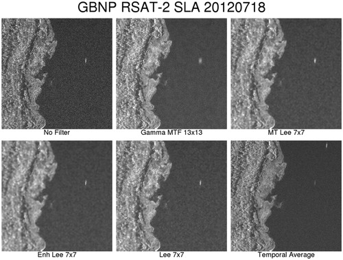 Figure 4. Close up of intensity images from July 18, 2012 Radarsat-2 SLA25 acquisition of GBINP. These images compare four SAR filters to an unfiltered image and show that the GAMMA multi-temporal filter (GAMMA MT) was better able to maintain edges, texture and resolution in land and water.