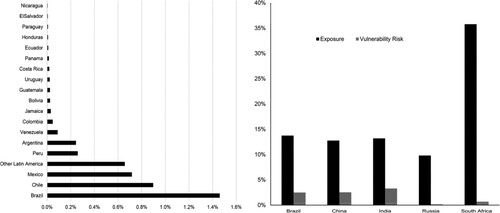 Figure 1. a. Share of the EU Imports of EII from Central and South America Region; b. Exports Exposure and Vulnerability Risk: BASIC Countries and Russia.