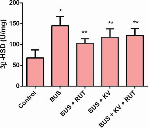 Figure 3. Testicular 3β-hydroxysteroid dehydrogenase (3β-HSD) activity in studied experimental rat groups. Enzyme activity level of 3β-HSD was determined in the testes homogenates prepared in ice-cold Tris-KCl buffer as described in the material and methods section. BUS: busulfan; RUT: rutin; KV: kolaviron. Data are mean ± standard deviation (n = 10). *Versus control; **Versus BUS; ***Versus BUS + KV (p < 0.05)