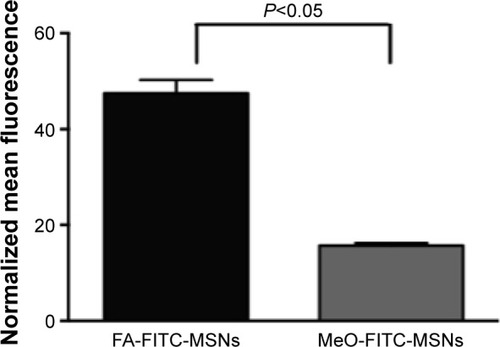 Figure 4 Internalization results by flow cytometry.Notes: HeLa cancer cells were exposed to 100 μg/mL of FA-FITC-MSNs or MeO-FITC-MSNs for 6 hours. Then, normalized mean fluorescence was obtained. Error bars represent the standard deviation of three independent experiments.Abbreviations: FA, folic acid; FITC, fluorescein isothiocyanate; MSNs, mesoporous silica nanoparticles; MeO, methoxy.