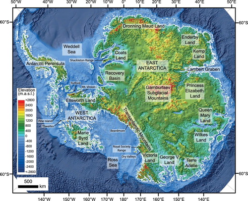 Figure 1. The bedmap2 bed topography of Antarctica (Fretwell et al., Citation2013) rebounded after the removal of present ice load (Jamieson et al., Citation2014). The white line indicates the coastline under these rebounded conditions.