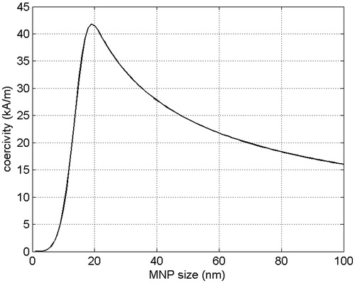 Figure 1. Coercivity versus MNP size for an ensemble of magnetite nanoparticles.