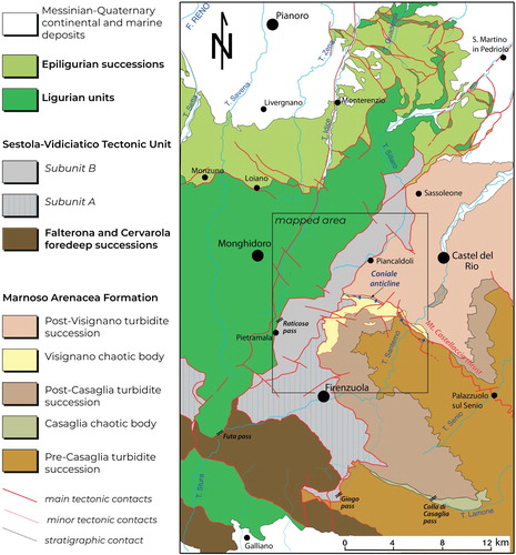 Figure 2. Structural map of the ‘Sillaro Line’ area. The box indicates the area mapped in the Main Map.